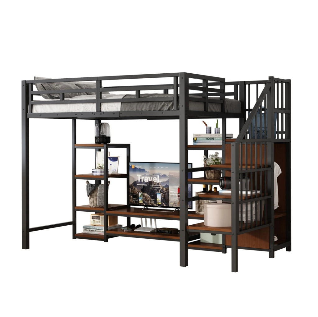 Letto a soppalco 90x200 cm con supporto TV; presa integrata e scala portaoggetti; nero