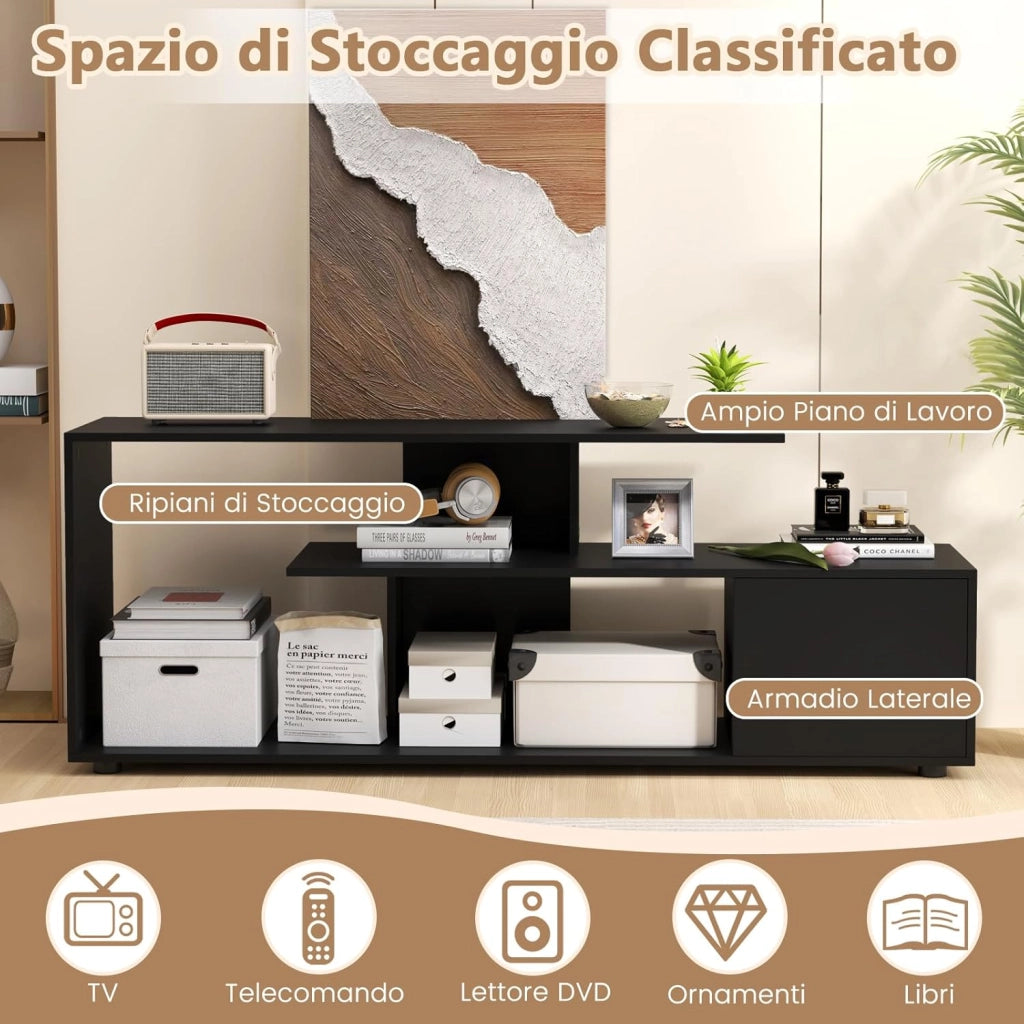 Mobile Porta TV, per TV Fino a 55'', Console Media a 3 Ripiani Asimmetrici con Ripiani di Stoccaggio e Armadietto, Mobile TV con Cassetto, 5 Gambe di Supporto (Nero)