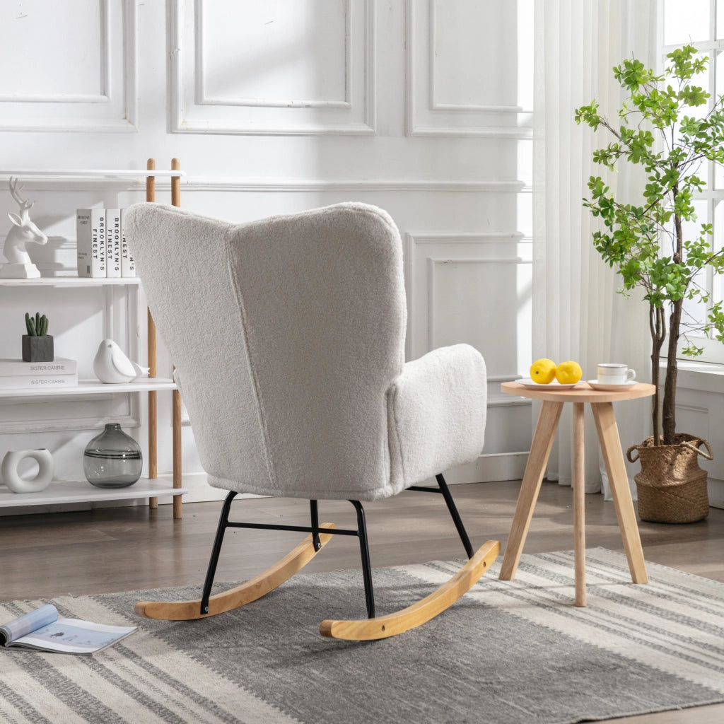 POLTRONA a dondolo 80x70x95 cm Teddy bianco con struttura in legno e metallo