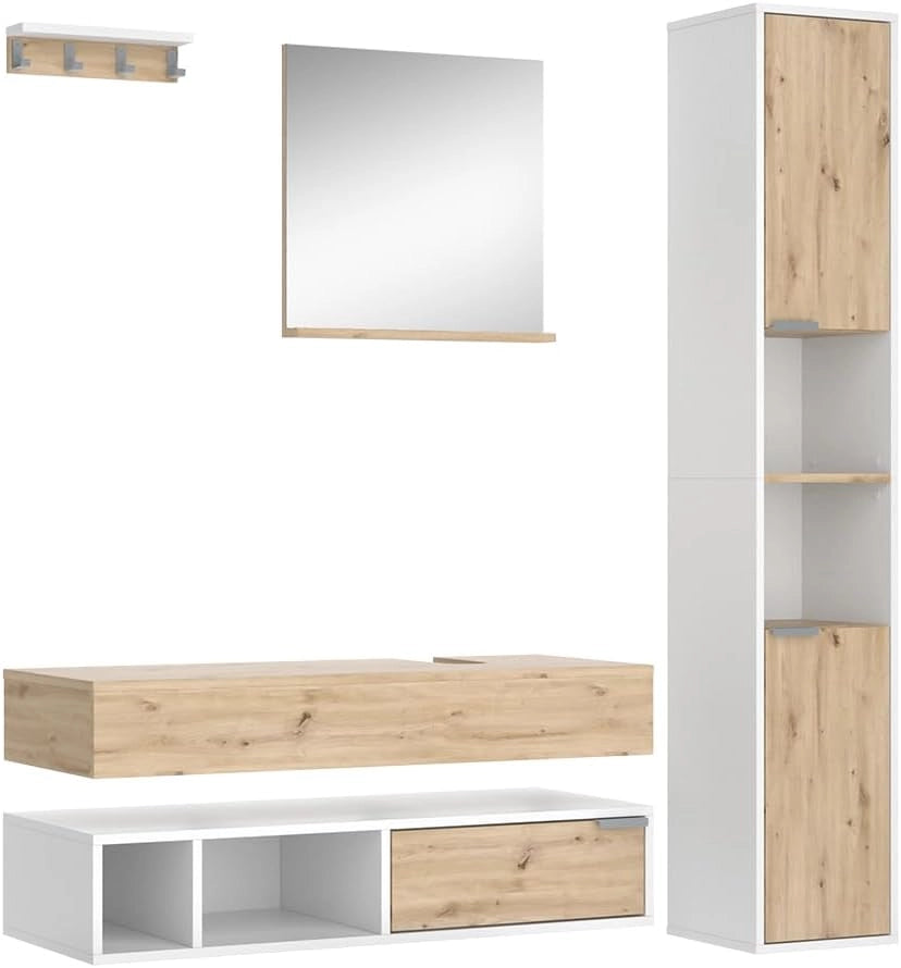 Armadio per il bagno Henri, Bianco, 30 x 165 cm con ante e vani a giorno, per il montaggio sotto il lavandino con ritaglio per sifone