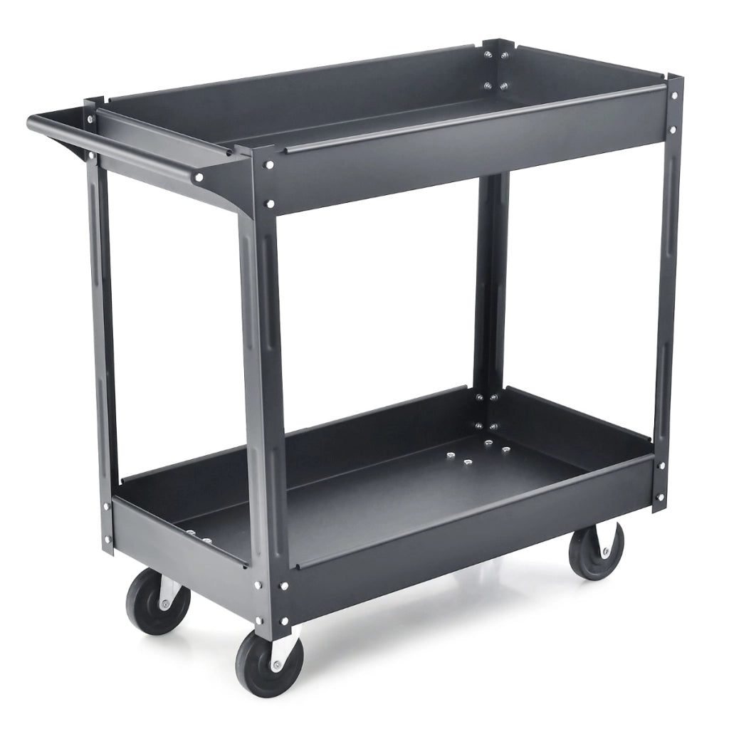 Carrello multiuso a 2 piani con maniglia telaio in metallo, Supporto per utensili portata 50kg da casa garage Nero-Deposito utensili Tool