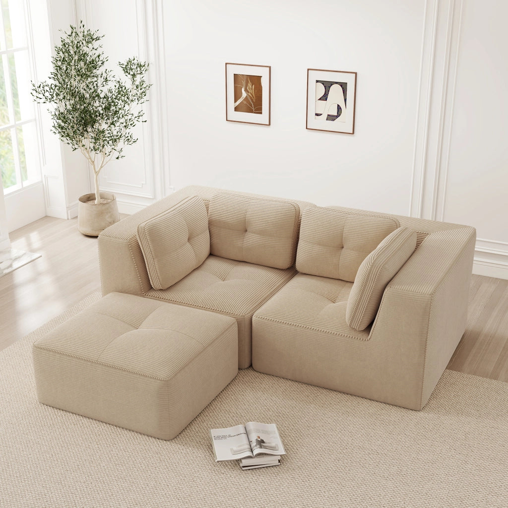Divano angolare modulare in velluto a coste senza montaggio con design componibile e seduta bassa beige