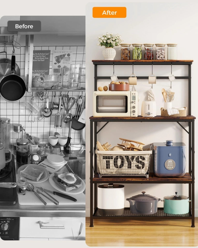 Scaffalatura, Scaffale Cucina, Scaffale a Piede, Scaffale per Microonde, Scaffale Spezie, Libreria con Protezione Anti-Ribaltamento, Mobile con 4 Ripiani, 8 Ganzi a S, 80x40x126cm, Marrone