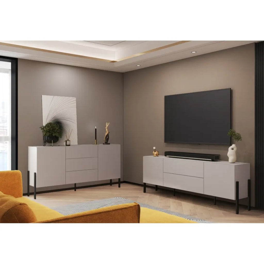 Pack salotto SALMA – buffet 2 ante & 3 cassetti e mobile TV 2 ante & 2 cassetti beige & nero opaco