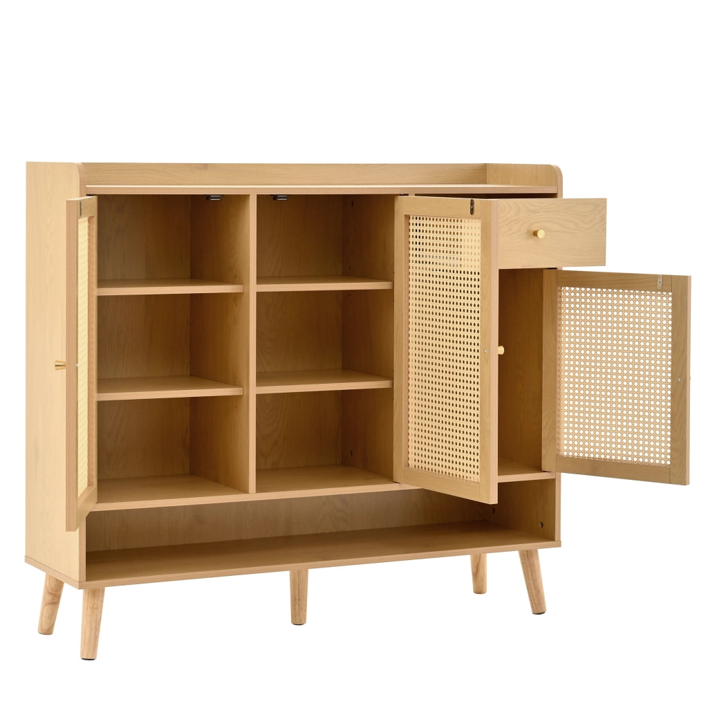 Mobile Scarpiera con 3 Ante e 1 Cassetto; Ripiani Multipli; in Rattan Naturale; in Pannello Truciolare; 120×35×106 cm; Naturale