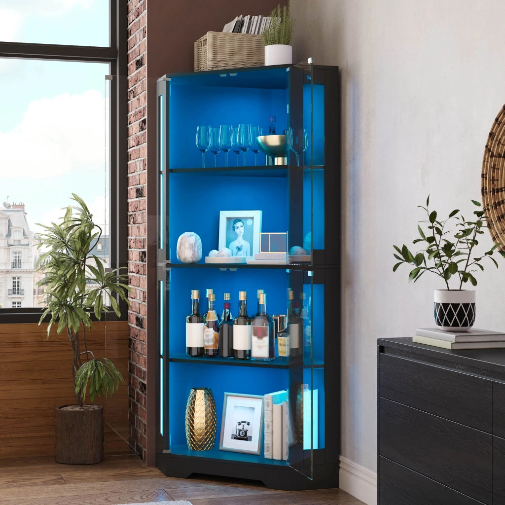 Mobile Vetrina con 4 ante e 2 ripiani; LED; per cucina e soggiorno; 40×40×165 cm