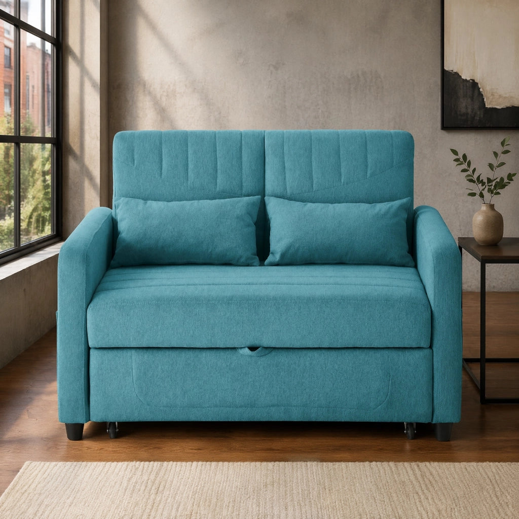 Divano Letto 2 Posti con Schienale Regolabile a 3 Posizioni e 2 Cuscini, in Tessuto Cotone Lino Blu Verde Antico
