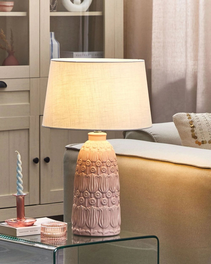 Lampada da tavolo in ceramica rosa con base ornata in tessuto bianco con paralume in tessuto Boho Rustic Design Home Illuminazione