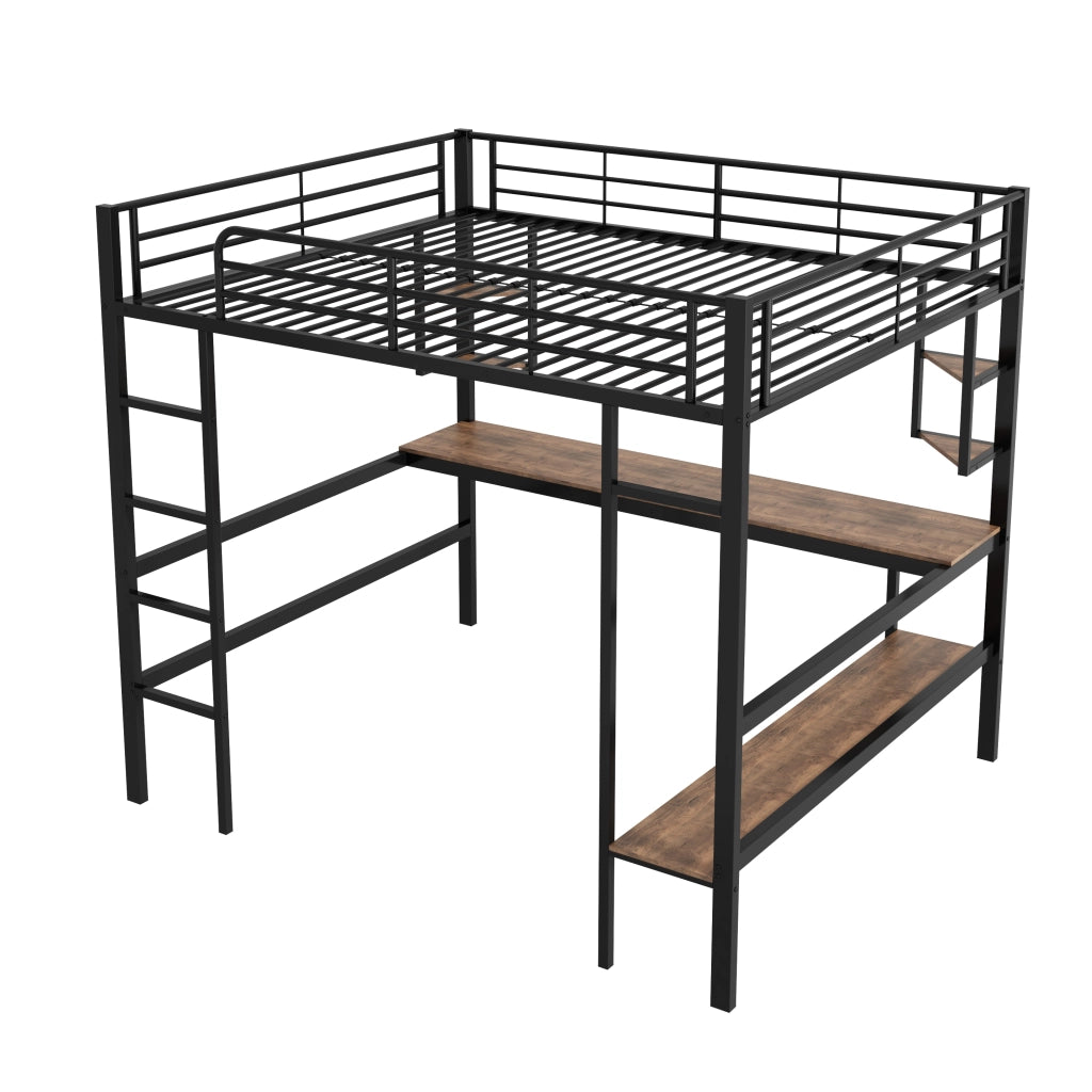 Letto a castello nero in metallo con scrivania e scaffali 140x200 cm