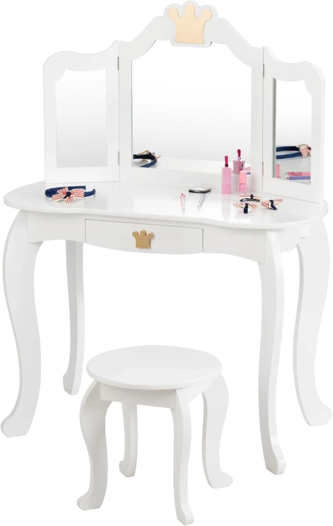 Toeletta Trucco per Bambina Staccabile, Specchiera per Ragazza in Legno con Sgabello e Cassetto, Postazione Trucco 2 in 1 per Cameretta e Cmera da Letto, 80x42x105cm (Bianco)