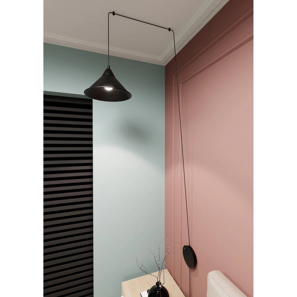 Sospensione Minimal 1 Luce Fujin In Acciao Nero E Paralume A Cono