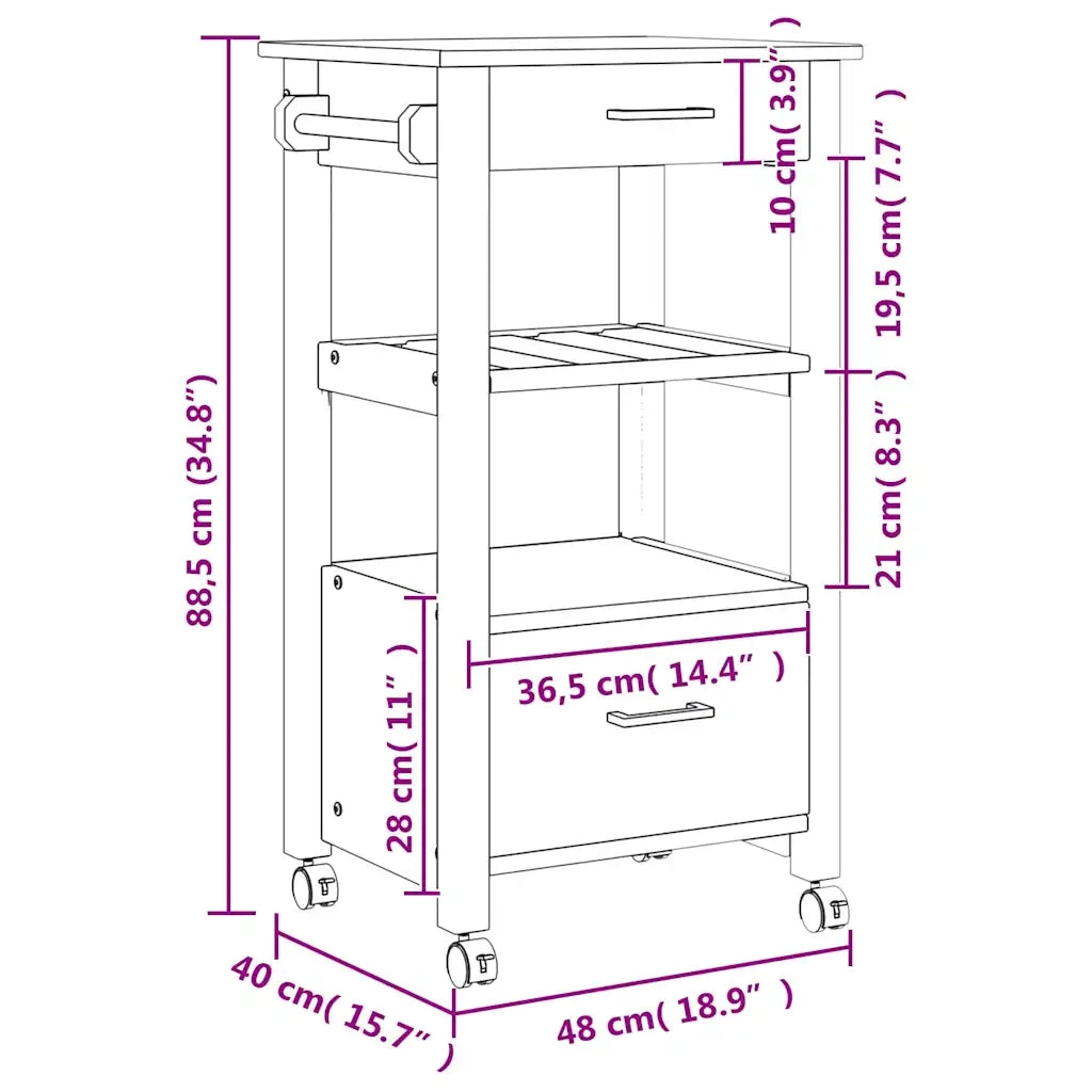 Carrello da Cucina MONZA 48x40x90 cm in Legno Massello di Pino