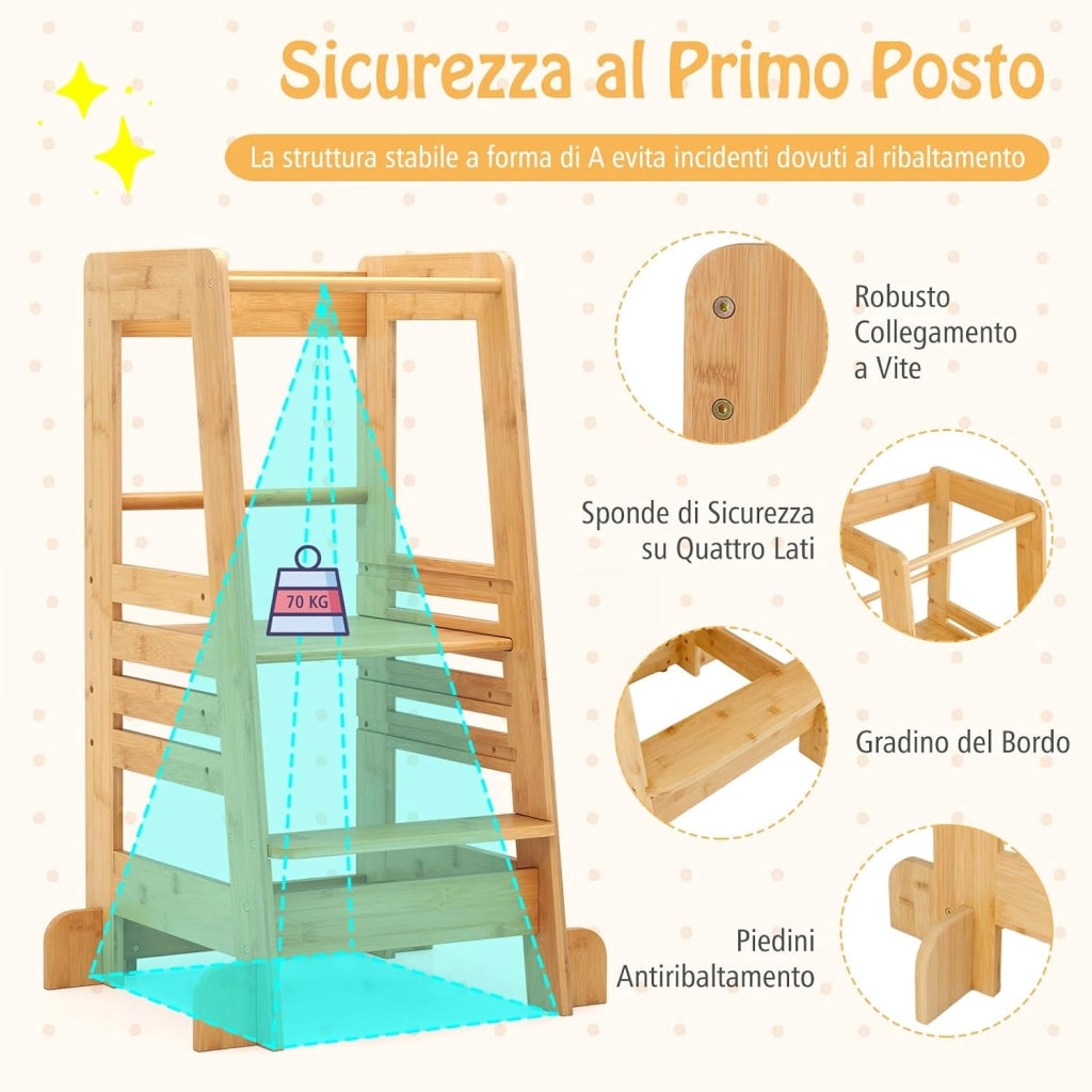 Torre Montessoriana in Bambù, Torre di Apprendimento con 4 Altezze Regolabili, Barra di Sicurezza e Piedini Antiribaltamento, Sgabello da Cucina per Bambini 18+ Mesi