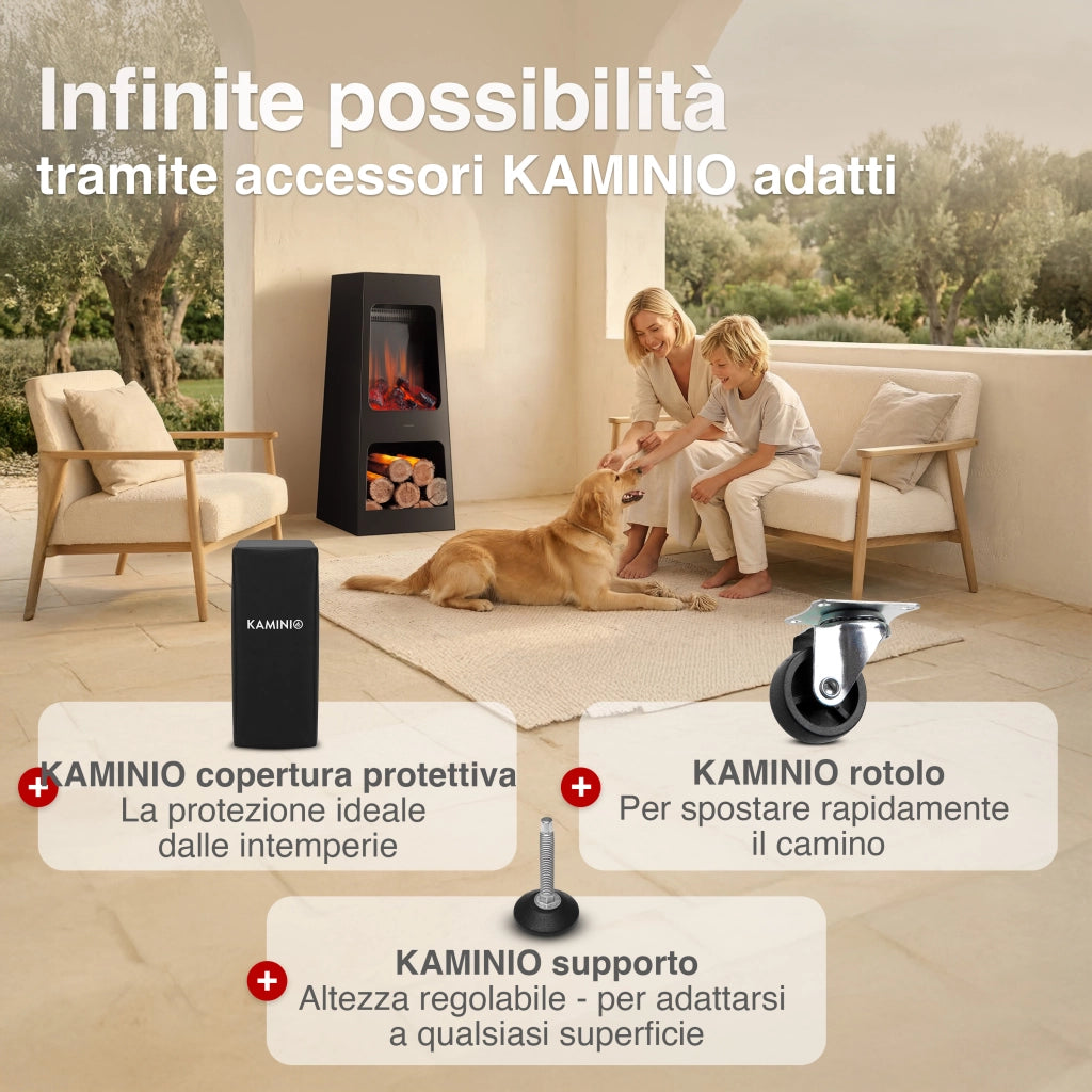 KAMINIO Caminetto elettrico da giardino KAI L - Stufa de terrazzo  elettrico con riscaldamento, effetto fiamma 3D, luce ambiente a LED, scomparto de legno, telecomando - Large, Nero