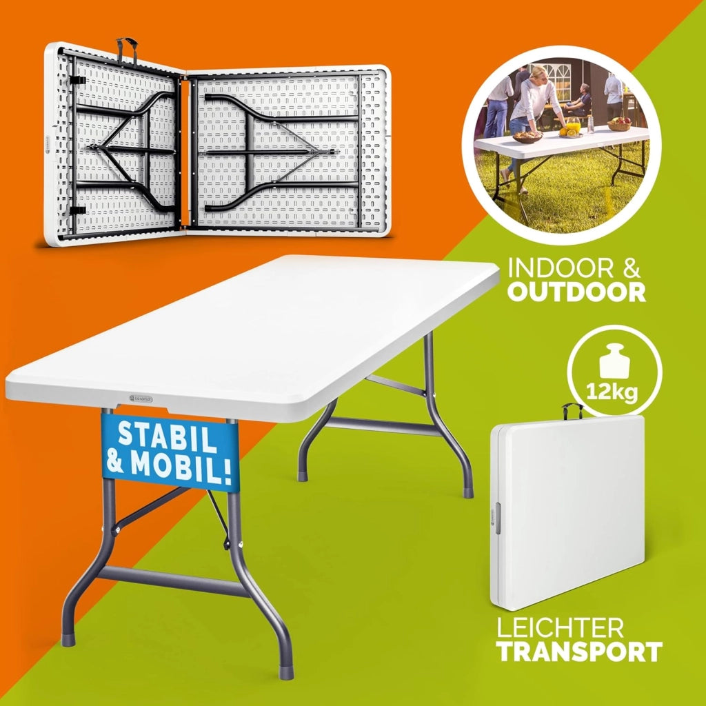 Set da 2 Tavoli da Giardino 183x76 cm Pieghevole Resistente Maniglia Trasporto in Plastica Balcone Terrazza Campeggio