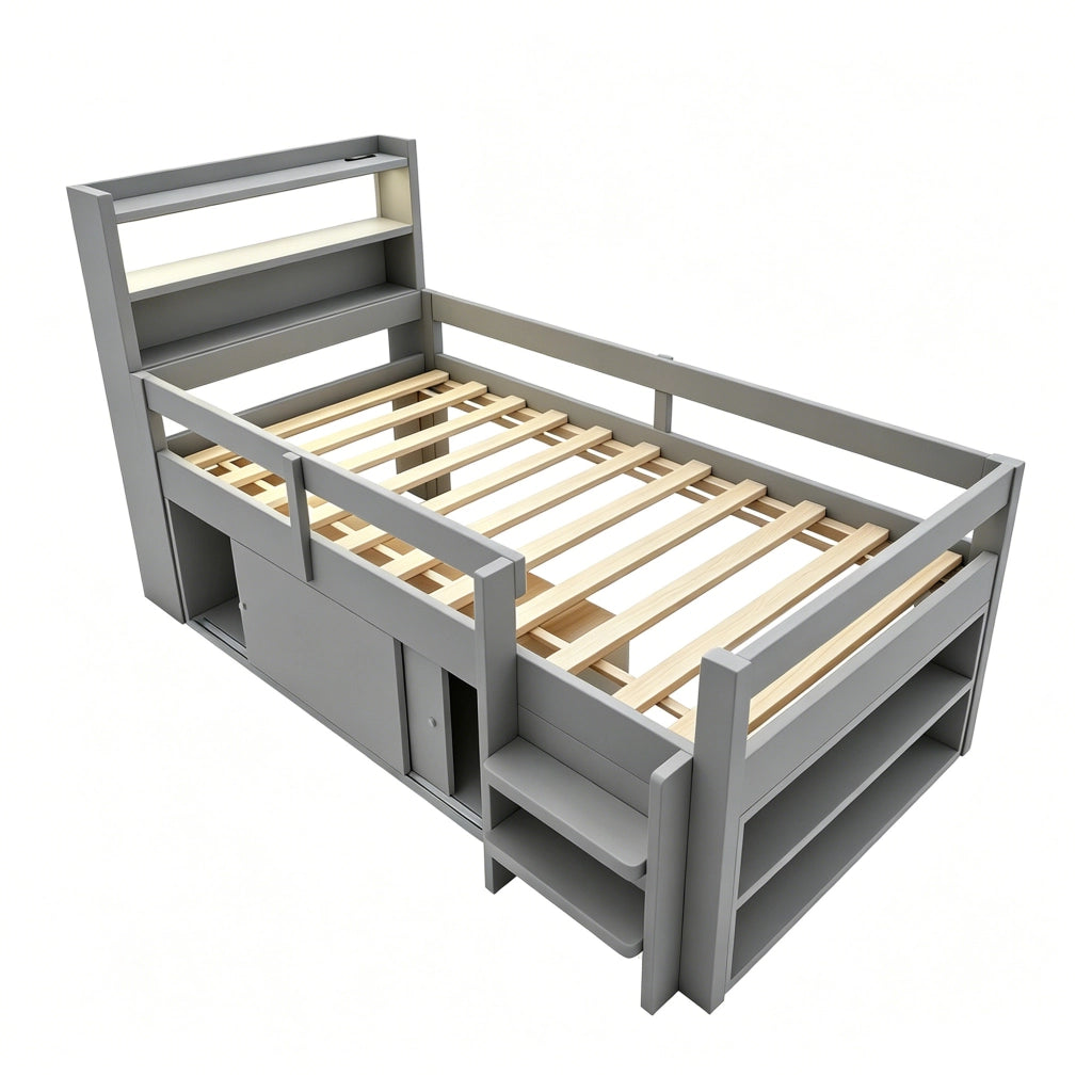 DESMIU Letto per bambini 90 × 200 cm con mensole, vani contenitori, LED, USB, senza materasso, grigio