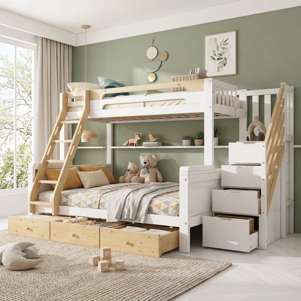 Letto a Castello 90x200 cm e 140x200 cm con Scaletta; 3 Cassetti; Bianco e Naturale