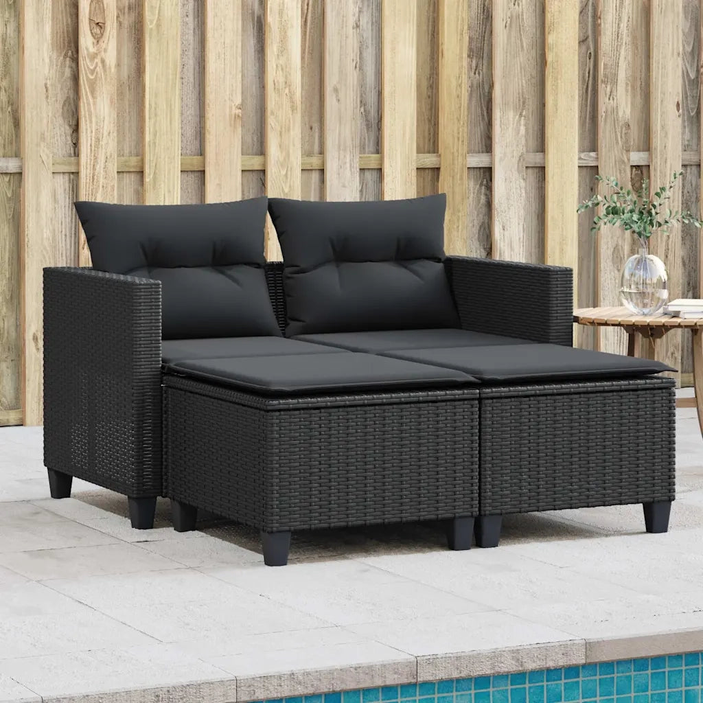 Divano da Giardino 2 Posti con Sgabelli-Sofa da Giardino-Divano da esterno Nero in Polyrattan 650456