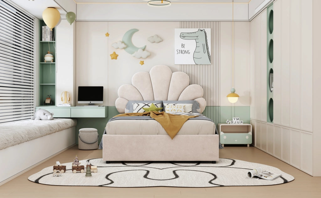Letto per bambini imbottito con testiera floreale regolabile; contenitore idraulico e doghe; velluto beige; 90x200 cm; senza materasso