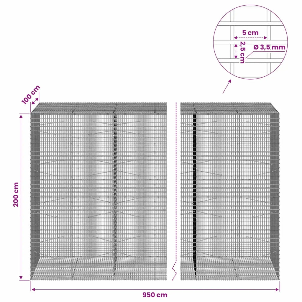 Gabione con filo da 3,5 mm e rete da 5x2,5 cm 950x100x200 cm 3462013