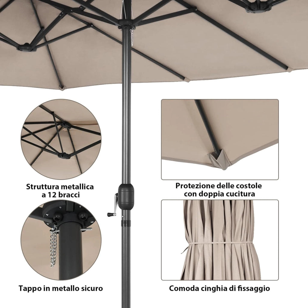 Ombrellone Doppio Giardino 470 cm, Rectangolare, Antivento, Protezione UV, Manovella, 12 Stecche, per Giardino Piscina Terrazza, 470 x 280 x 245 cm (Beige)