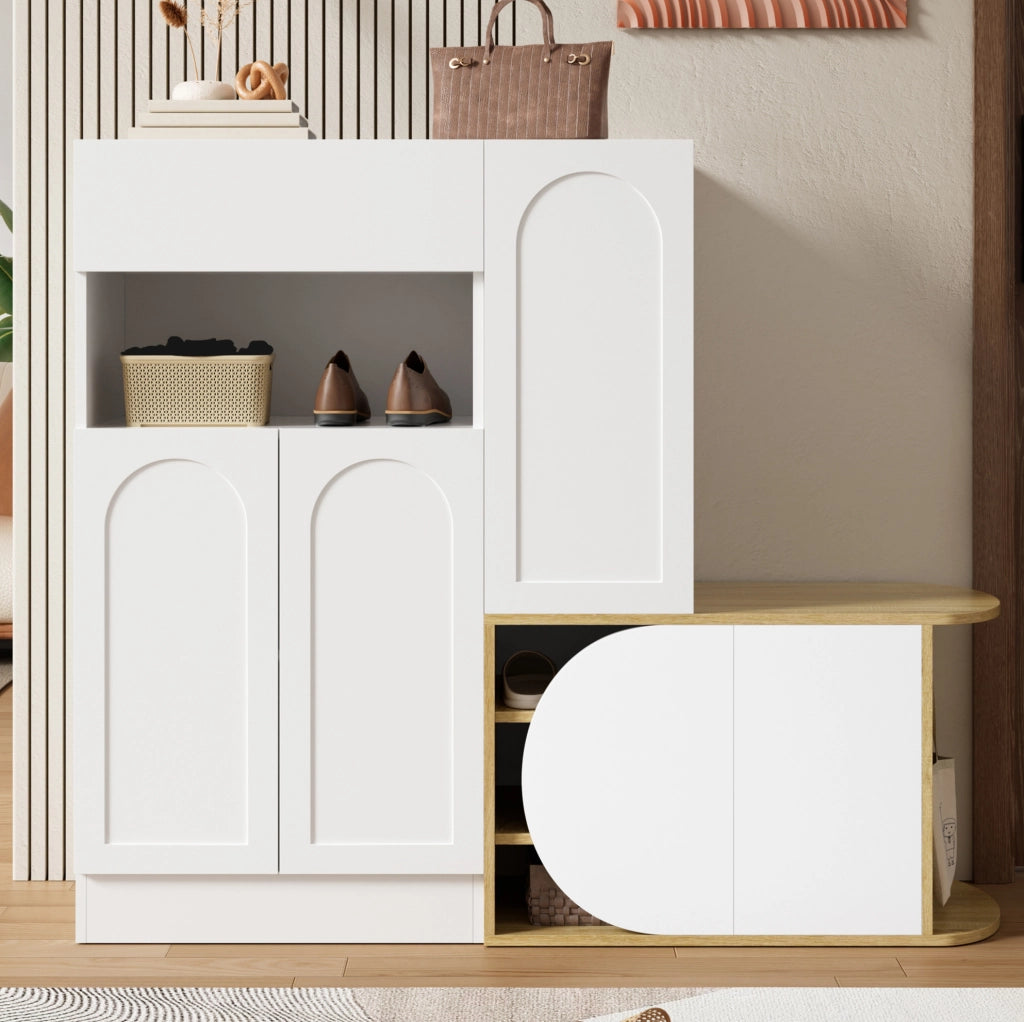 Mobile portascarpe con panca, 5 ante e cassetto, bianco