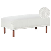 Pouf bianco rettangolare con gambe in in legno di gomma verniciato marrone stile minimalista