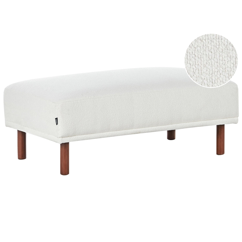 Pouf bianco rettangolare con gambe in in legno di gomma verniciato marrone stile minimalista