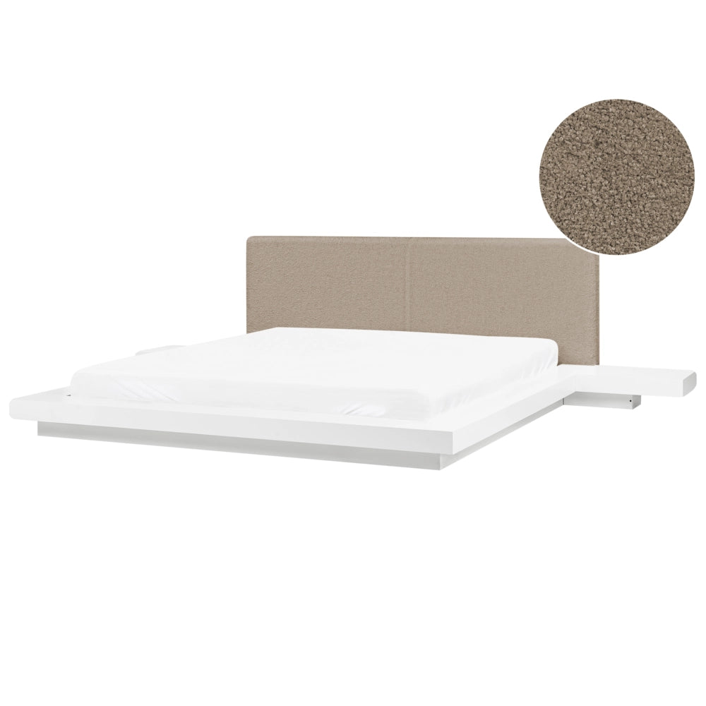 Letto matrimoniale con comodini a LED testata bouclé bianco in frassino bianco 180 x 200 cm stile giapponese profilo basso