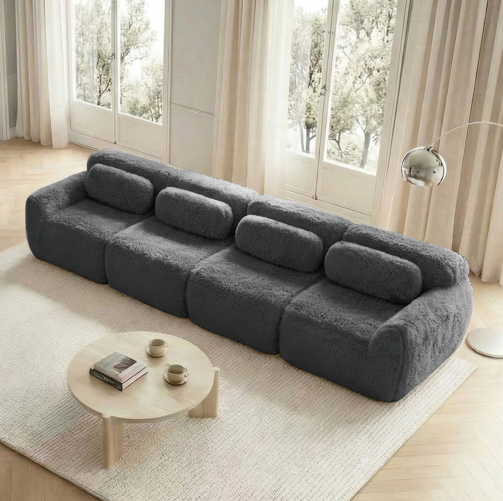 Divano modulare 4 posti in tessuto peluche grigio 378x104x73 cm; senza struttura