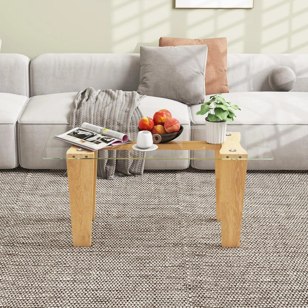 Tavolino da Caffè per Salotto, Tavolino Rettangolare in Vetro Temperato e Legno Massicio di Gomma, Tavolino da Divano Moderno per Soggiorno, 100 x 50 x 41 cm, Naturale