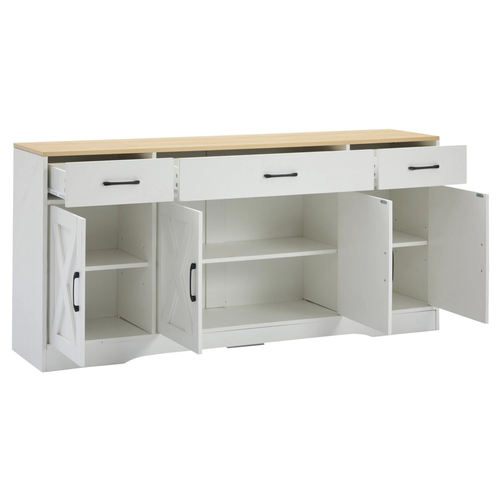 Credenza moderna bianca in MDF con 3 cassetti e 4 ante, 160 x 37 x 75 cm