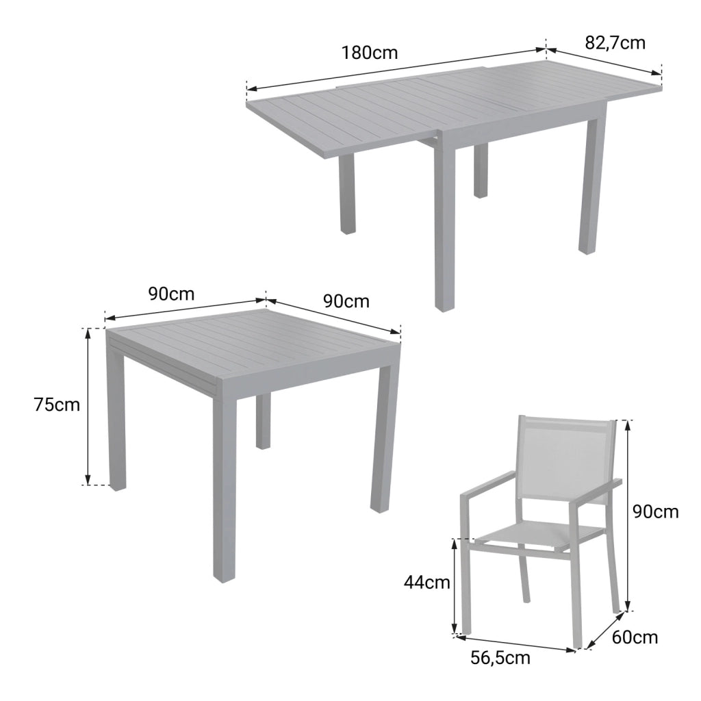 VENEZIASet di mobili da giardino allungabili in textilene grigio 90/180 - alluminio bianco