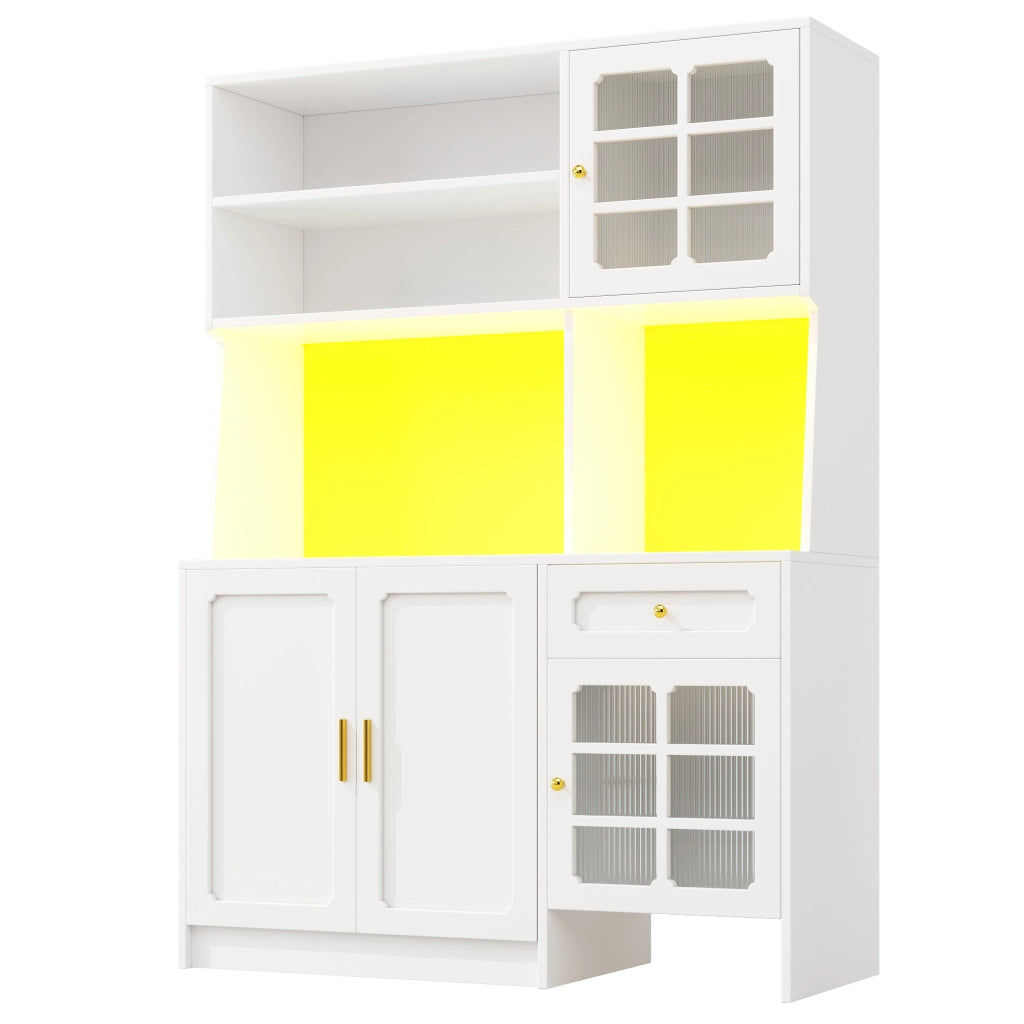 Credenza da cucina con ante in vetro; cassetti e LED - per cucina - in MDF - bianco - 130×45×180 cm