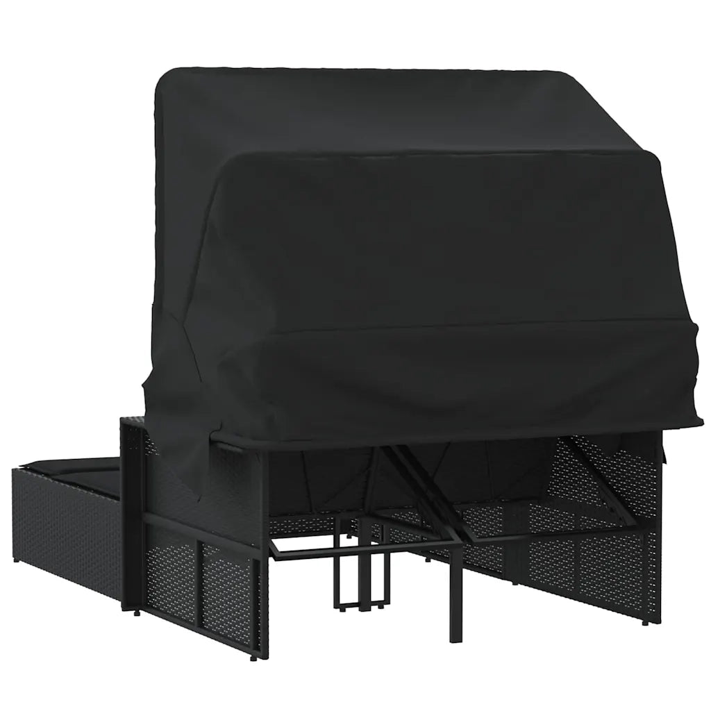 Lettino Prendisole | Sdraio da giardino | Lettino da sole Doppio Baldacchino e Cuscini Nero Polyrattan