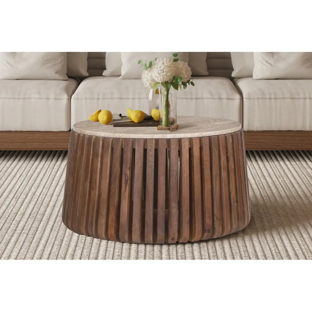 Tavolino basso rotondo in legno massiccio collezione DELHI diametro 70cm - Stile etnico e design