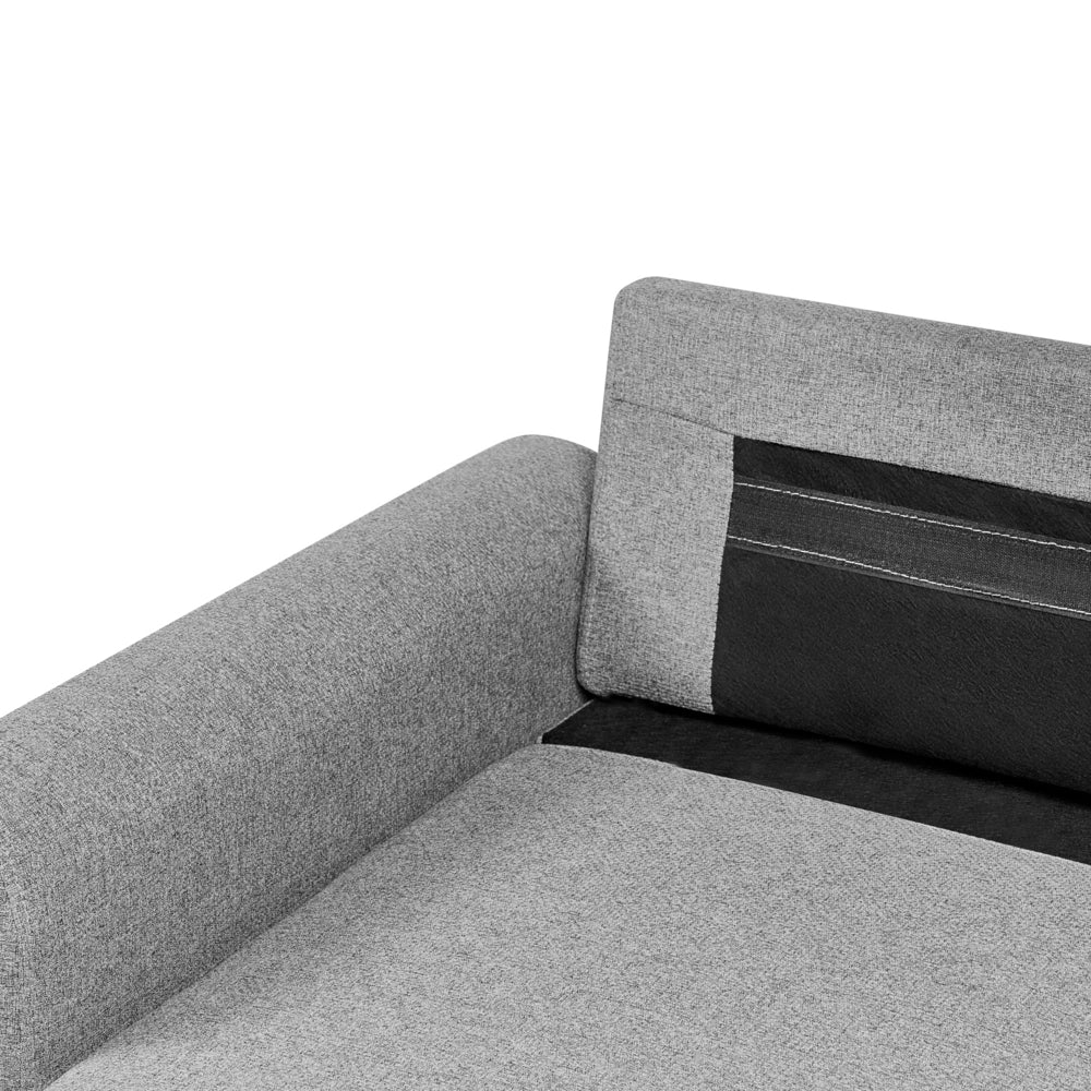 Divano letto angolare con contenitore lato destro grigio rivestimento in poliestere effetto lino contenitore cuscini design moderno