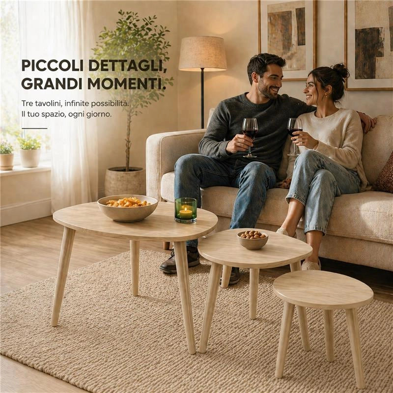 SET DI 3 TAVOLINI CON PIEDI IN LEGNO CHIARO E TOP IN MDF EFFETTO LEGNO CHIARO MISURE: 39X32CM, 48X38CM, 59X49CM
