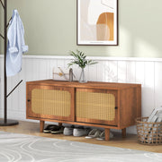 Scarpiera con 2 ante effetto rattan e ripiano regolabile; 104 x 40 x 48 cm; colore noce