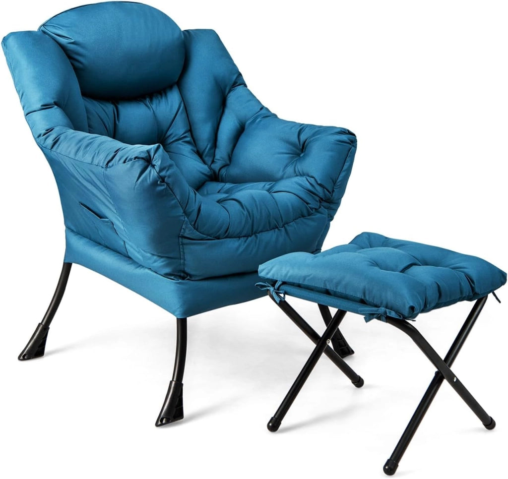 Poltrona Pigra con Poggiapiedi, Poltrona da Lettura Moderna con Cuscino, Braccioli, Poltrona d'Accento per Soggiorno, Camera da Letto, Ufficio e Esterno (blu)