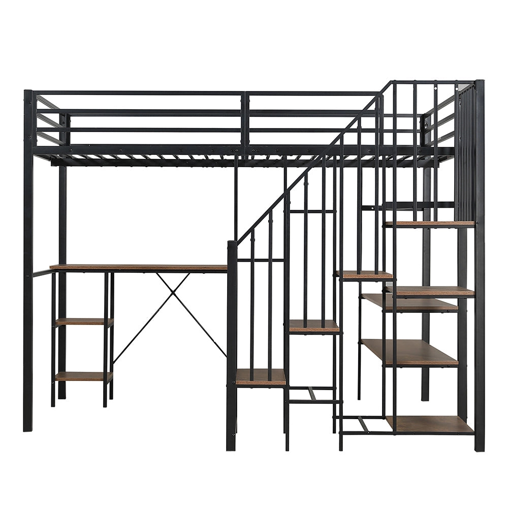 Letto a Castello in Ferro – Xylo – 120x200cm, Scala Angolare con Ripostiglio, Tavolo, Scaffale, Armadio Aperto, Nero/Legno