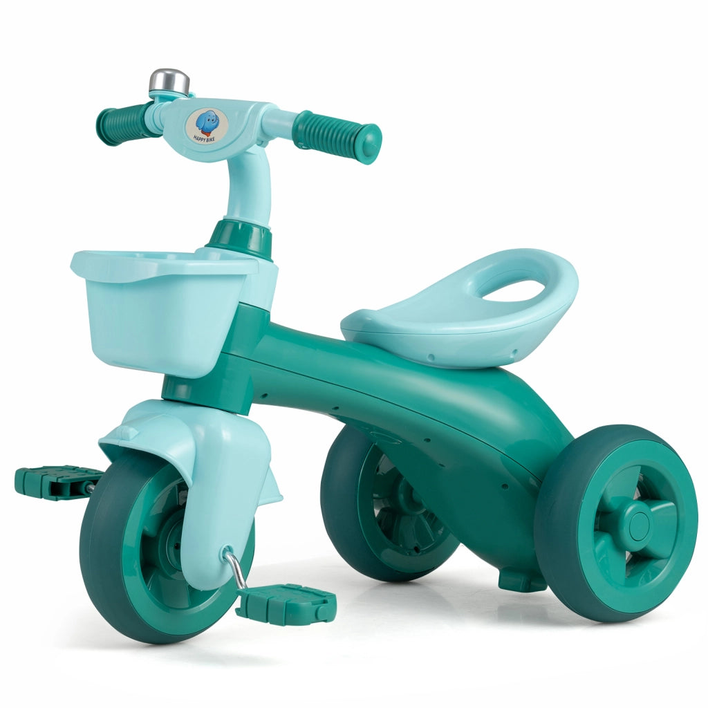 Triciclo bambini sterzo limitato sella ergonomica cestini anteriore posteriore campanello, Bicicletta equilibrio 3 ruote bambini 3-5 anni Verde