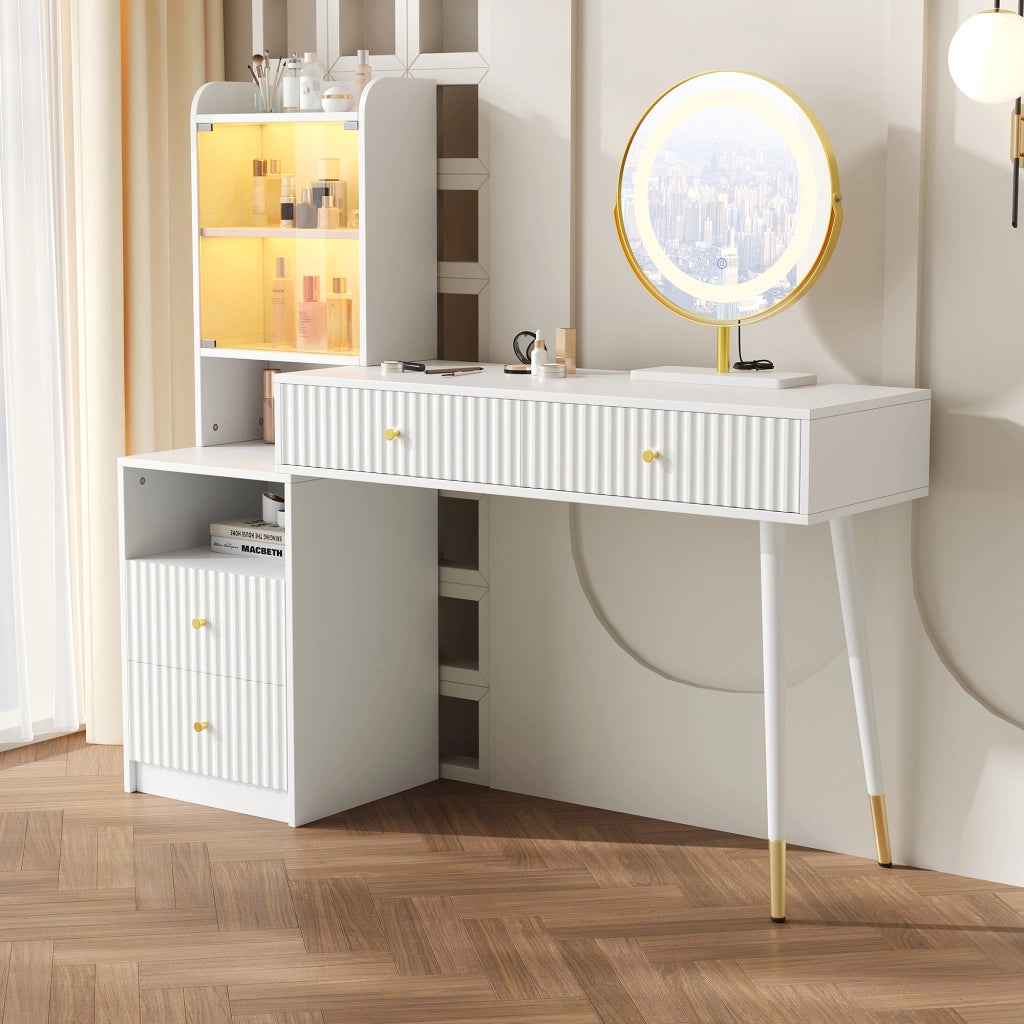 Scrivania Toeletta con Specchio LED ¨C MINIMAL ¨C Bianco, 4 Cassetti, Armadio, 100x40x125 cm