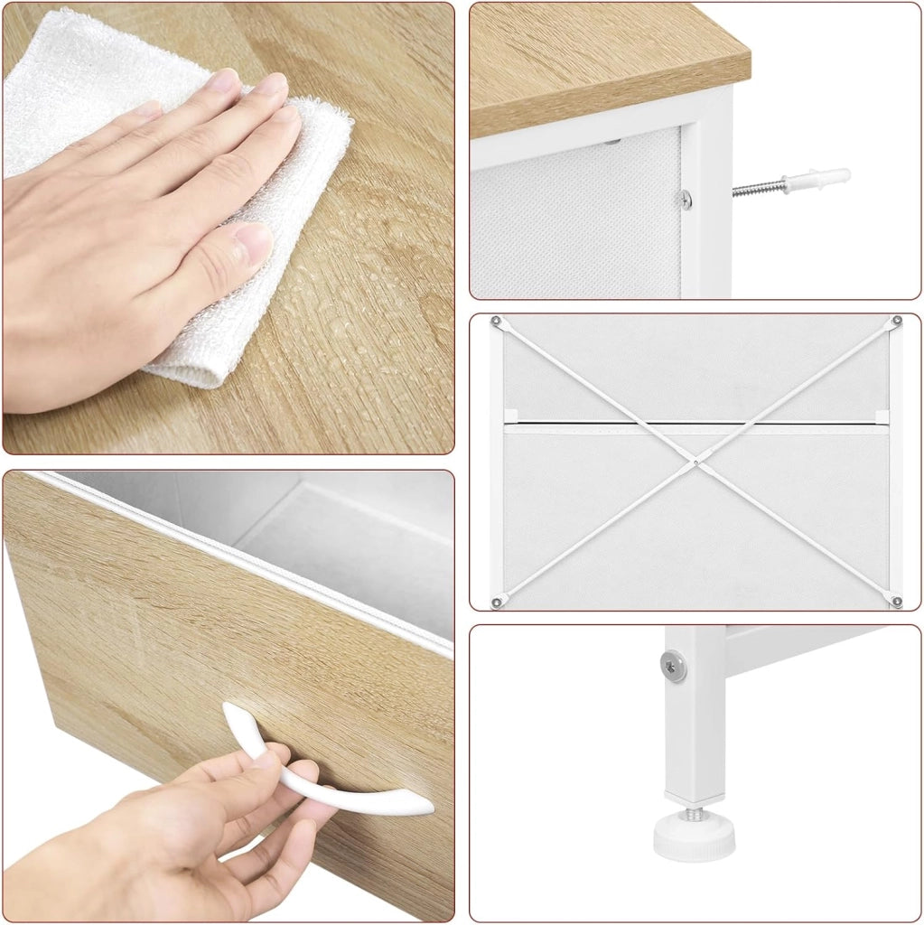 Cassettiera, 4 Cassetti in Tessuto, Armadio di Stoccaggio per Camera da Letto Corridoio Soggiorno, Struttura in Acciaio, E1 Piano Legno, Bianco