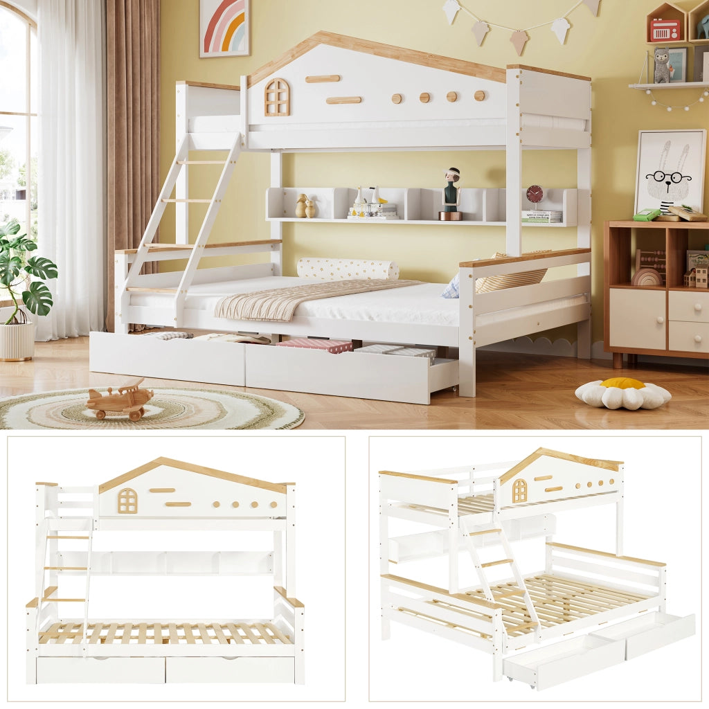 LETTO a castello con finestre, 2 cassetti, 205x148,5x167,5 cm, Bianco/Naturale