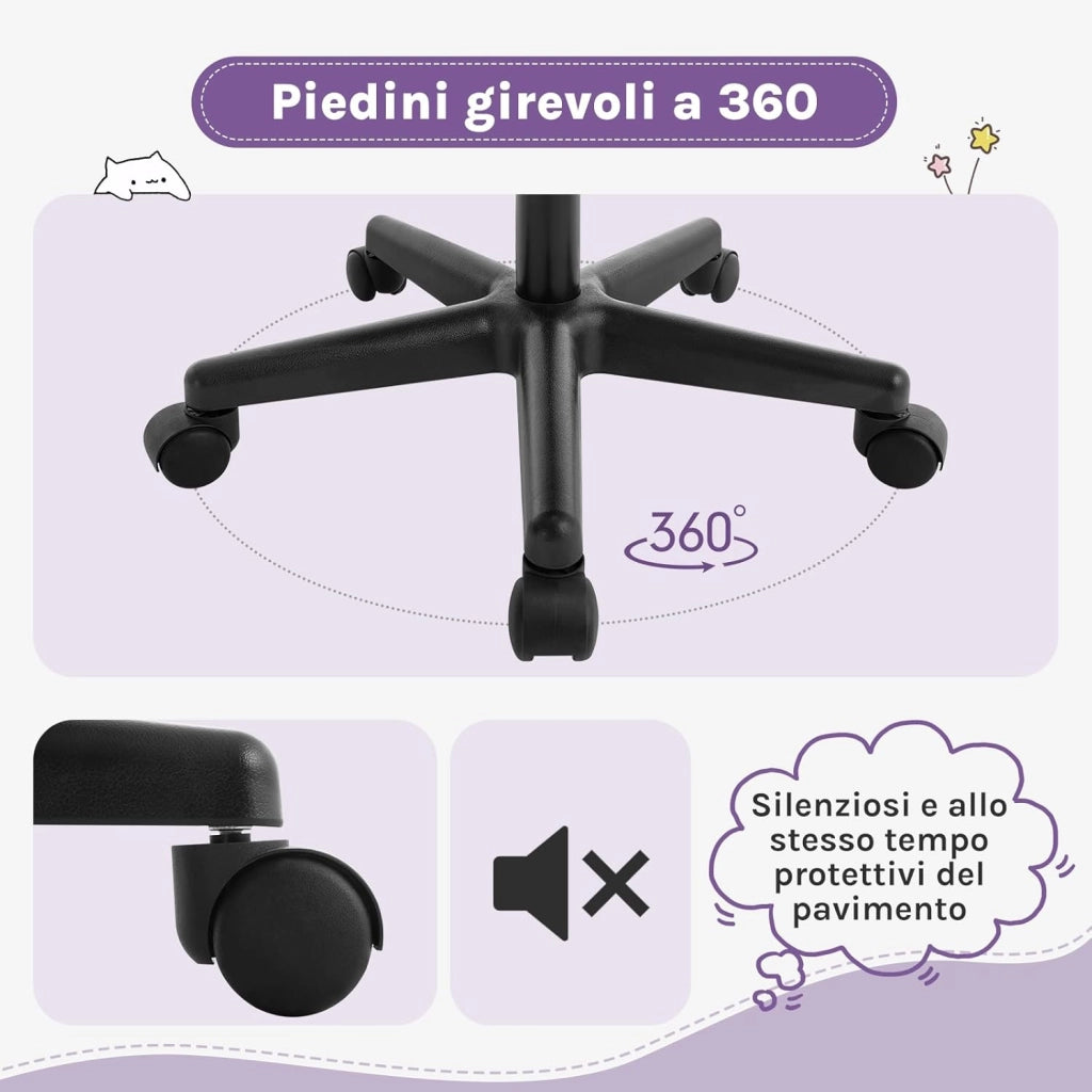 Sedia da Scrivania per Bambini, Sedia da Studio Girevole, Ergonomica con Ruote, Tessuto a Rete Traspirante, Sgabello Girevole con Schienale Regolabile Automaticamente, Viola