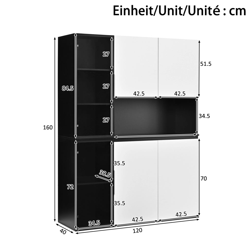 Credenza e madia con LED, 2 ante in vetro e vani contenitore, per soggiorno e sala da pranzo, 120 × 40 × 160 cm