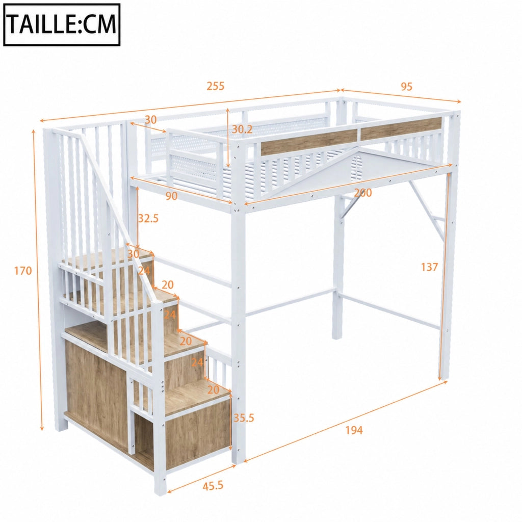 LETTO A SOPPALCO 90x200 cm in metallo e legno, bianco, con scala contenitore