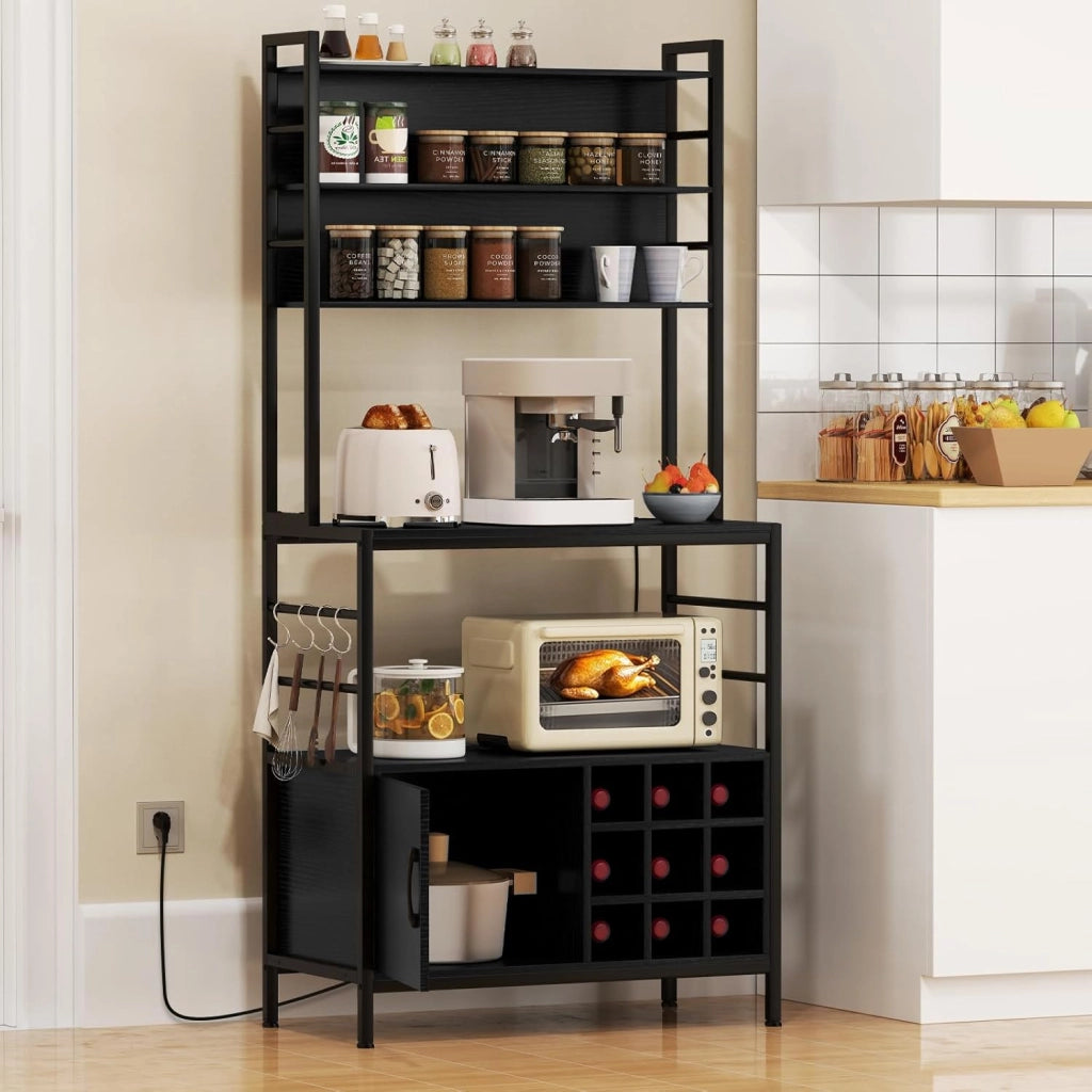 Scaffale da cucina con stazione di ricarica, scaffale per microonde con ripiani aperti, armadio e portabottiglie per 9 bottiglie e 4 ganci, scaffale industriale con telaio in metallo, scaffale