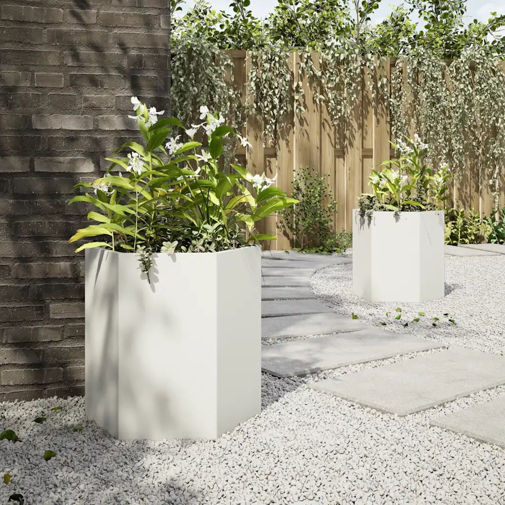 Fioriere da Giardino 2 pz Esagono Bianco 46x40x45 cm Acciaio 851111